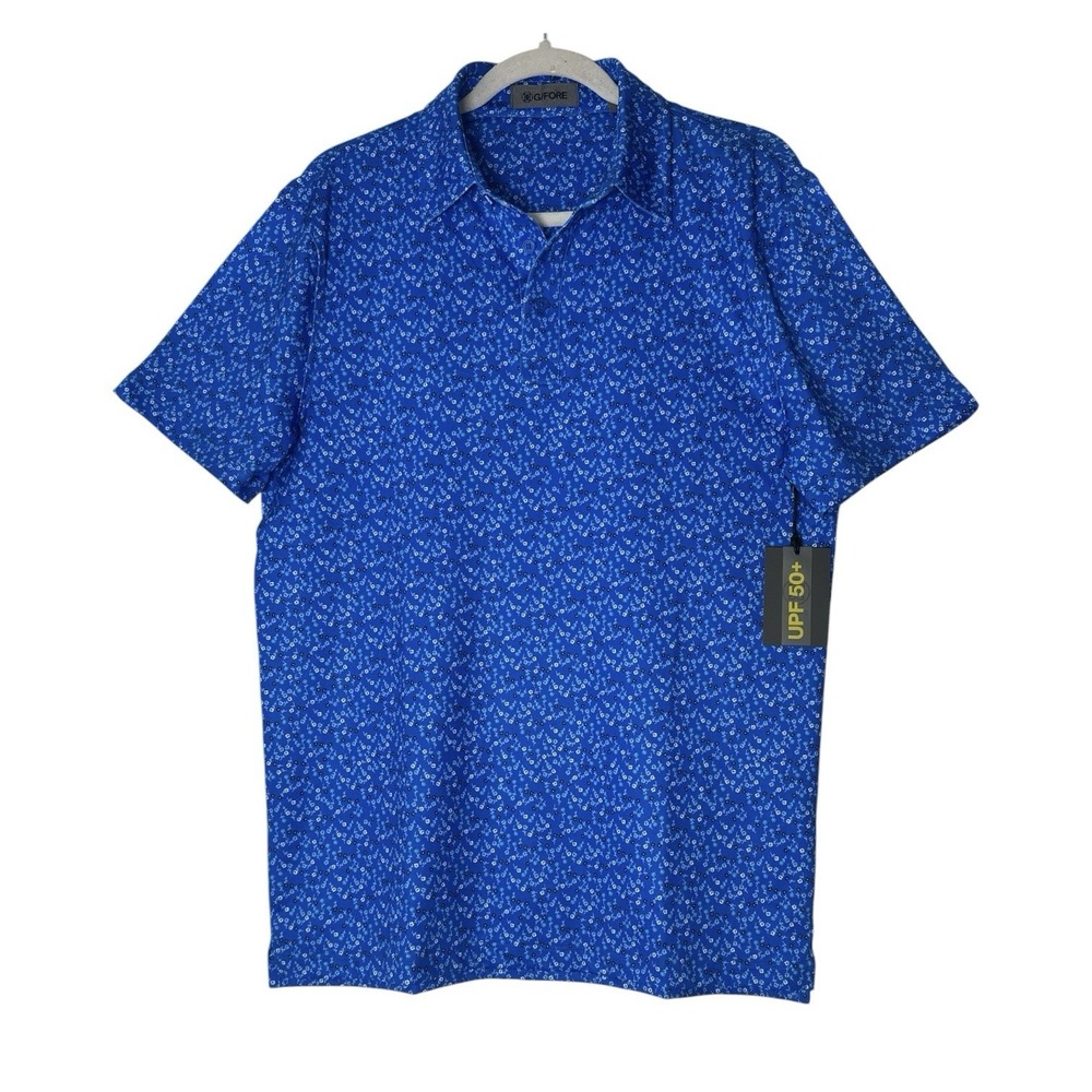 New G/FORE Polo Shirt Men's Small Blue Floral Short Sleeve Golf Performance UPF